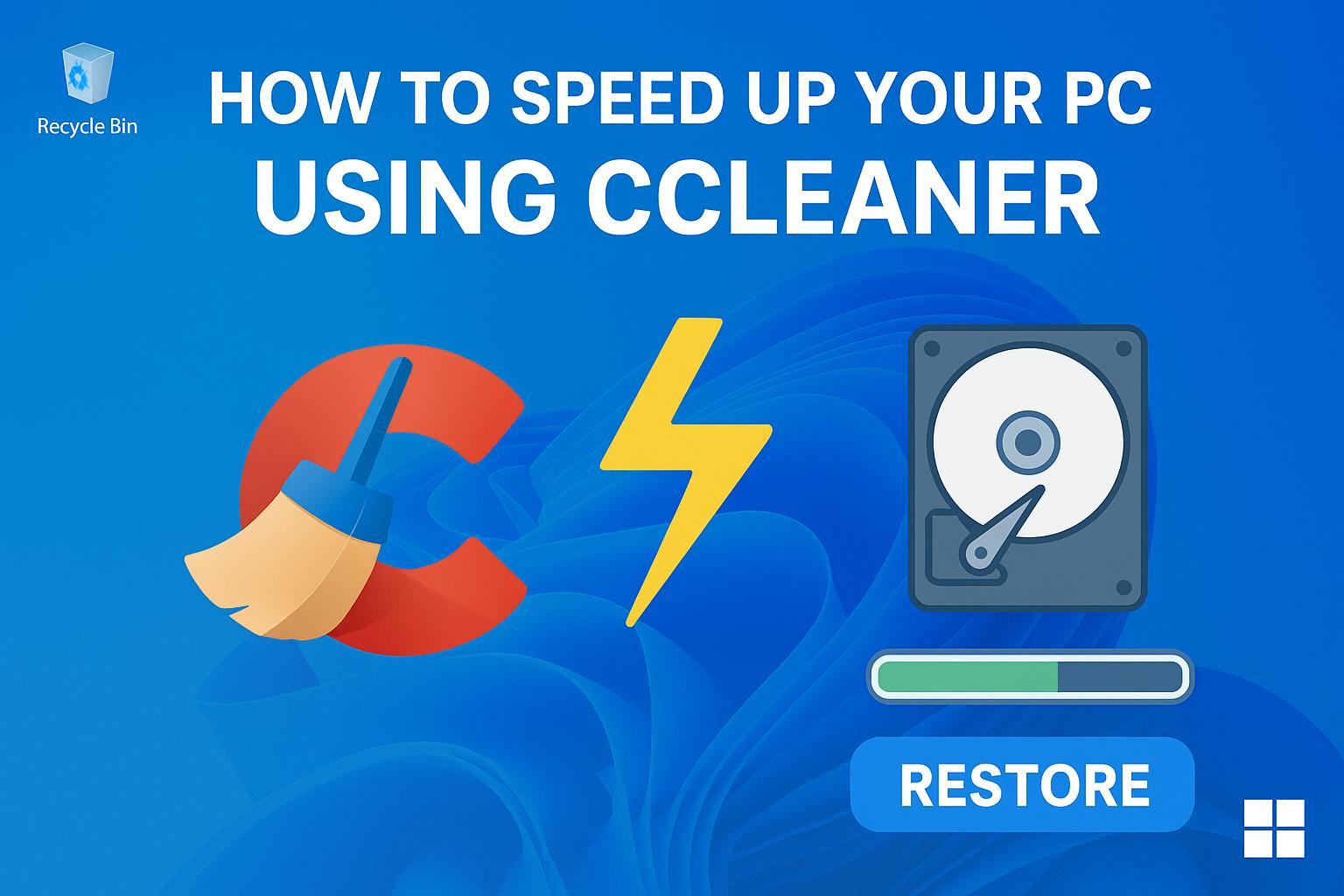Windows 11 desktop illustration showing CCleaner and optimization tools used to clean junk files and speed up PC performance