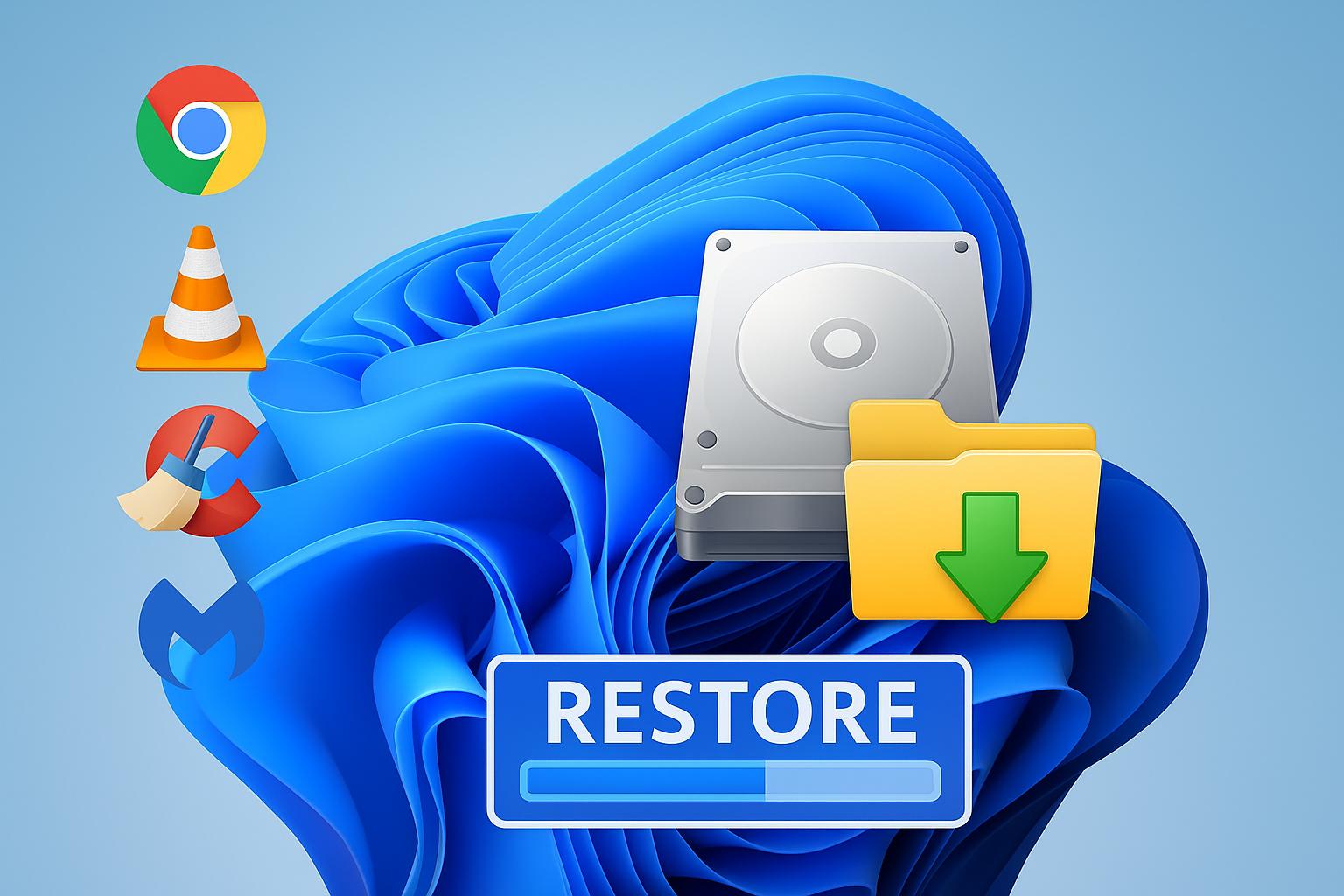Windows 11 desktop illustration showing file recovery tools and hard drive icons representing the best file recovery software in 2025